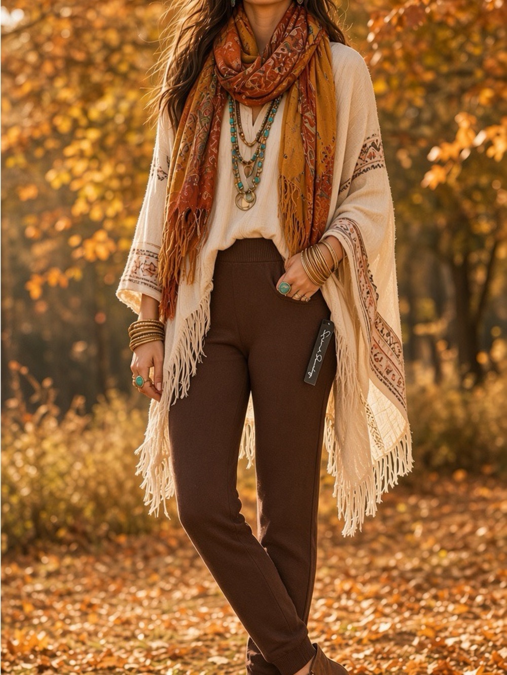 French Laundry Brown Leggings with Cream Fringe Poncho and Rust Scarf